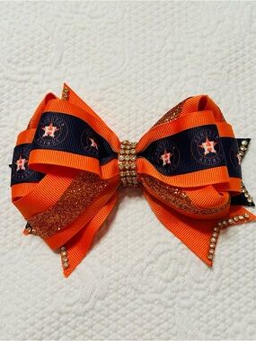 Handmade Astros Houston-Themed Orange Glitter Hair Bow for Kids